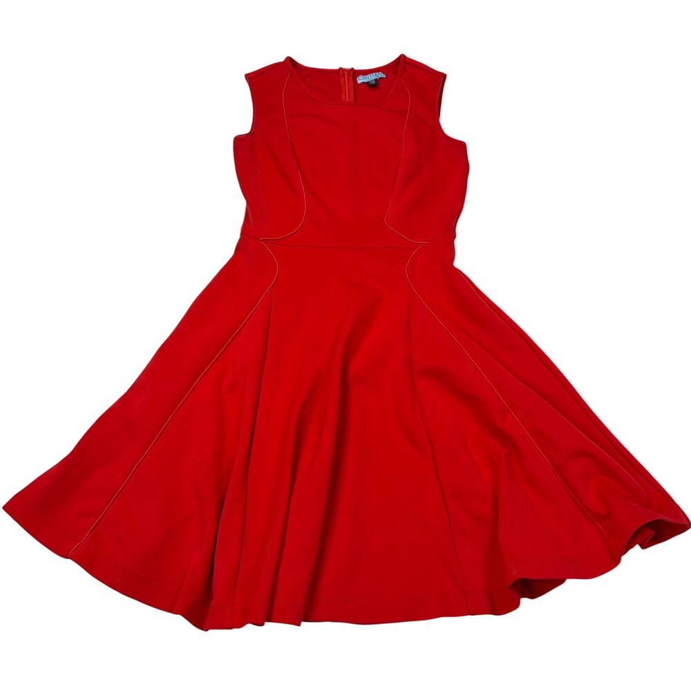 Cynthia Rowley red sleeveless dress fit and flare, piping detail. Size XS. party
